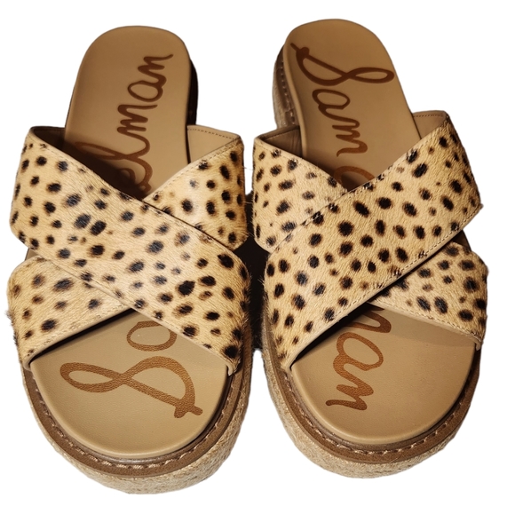 Sam Edelman Shoes - Sam Edelman Korina Espadrilles Cheetah Print Tan Calf Hair Slide Sandals Size 10